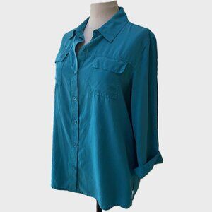 JM Collection 100% Silk Button‑Up Shirt Size 10 Turquoise